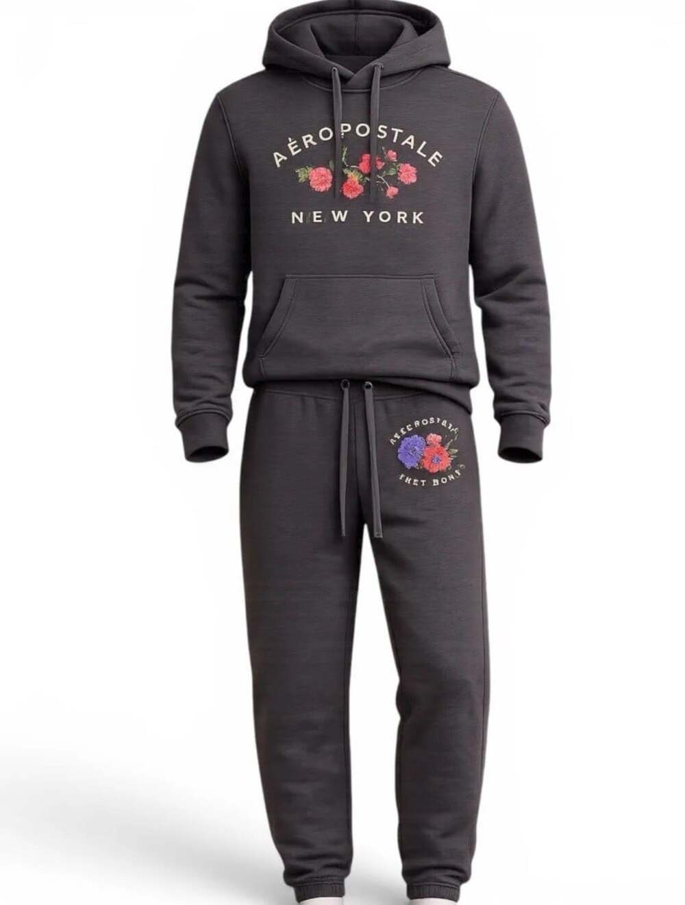 Aeropostale Fleece Tracksuit Set Dark Charcoal Gray Floral Hoodie Sweatpants XS